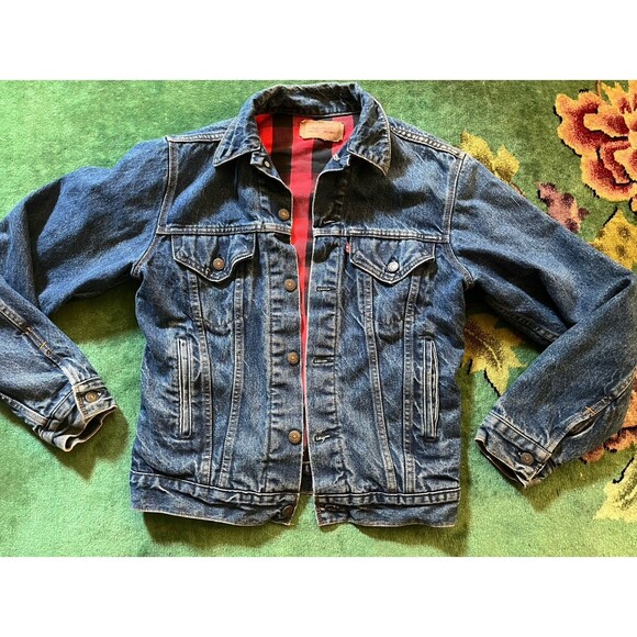Men’s Levi’s Denim Jean Jacket lined in Buffalo Plaid Red & Black Flannel 38L - Picture 1 of 5